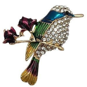 Song Bird Brooch Pin Gold Tone Enamel Rhinestone Blue Green Red Floral EUC